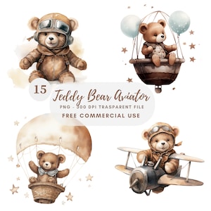 Miś Awiator Clipart PNG Pakiet 15 Wysokiej Jakości, Brązowy Miś Teddy Shower, Naklejki Do Wydrukowania, Tworzenie Kartek, Cyfrowe Rzemiosło Papierowe|426
