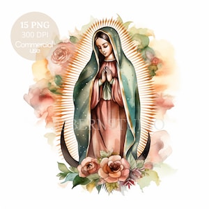 Nostra Signora di Guadalupe, Clipart ad acquerello PNG,15 JPG di alta qualità,Download digitale,Creazione di cartoline, Supporti misti, Mestiere con carta digitale/ 9