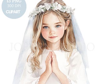 May include: A watercolor painting of a young girl wearing a white dress and veil with a flower crown. She has her hands clasped in prayer.