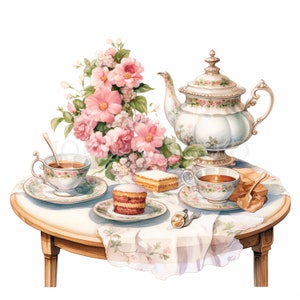 Clipart colazione vittoriana, bundle 13 PNG di alta qualità, tazza di tè ad acquerello, download digitale, creazione di cartoline, supporti misti, artigianato in carta digitale/379