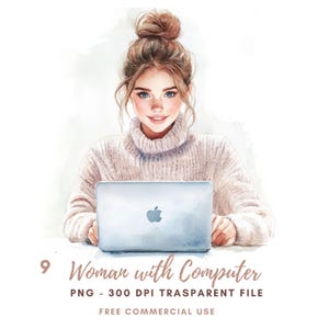 Donna Clipart PNG,Bundle 10 Alta Qualità,Donna Acquerello con Computer, Adesivo Stampabile Goodnotes, Download Digitale,Carta Digitale /642