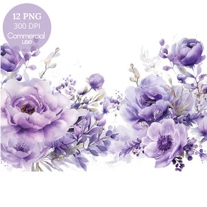 Bordure Rose fleur lilas, guirlande de cliparts Bundle 12 PNG haute qualité, branche aquarelle, autocollants imprimables, téléchargement numérique, papier numérique | 471