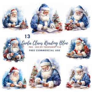 Noël père Noël lecture Clipart, Bundle 13 PNG haute qualité, aquarelle bleu père Noël, autocollants imprimables Goodnotes, téléchargement numérique | 602
