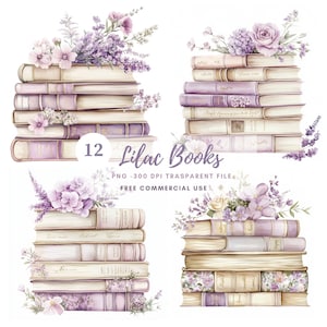 Paquete de 12 imágenes prediseñadas de libros florales de alta calidad en formato PNG/acuarela lila. Colección de libros, decoración del hogar, pegatinas imprimibles, GOODNOTES, descarga digital, 837