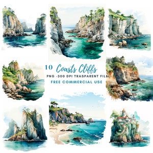 Coste scogliere paesaggio Clipart PNG, bundle 10 alta qualità, scogliera dell'acquerello, download digitale, creazione di carte, supporti misti, artigianato in carta digitale/215