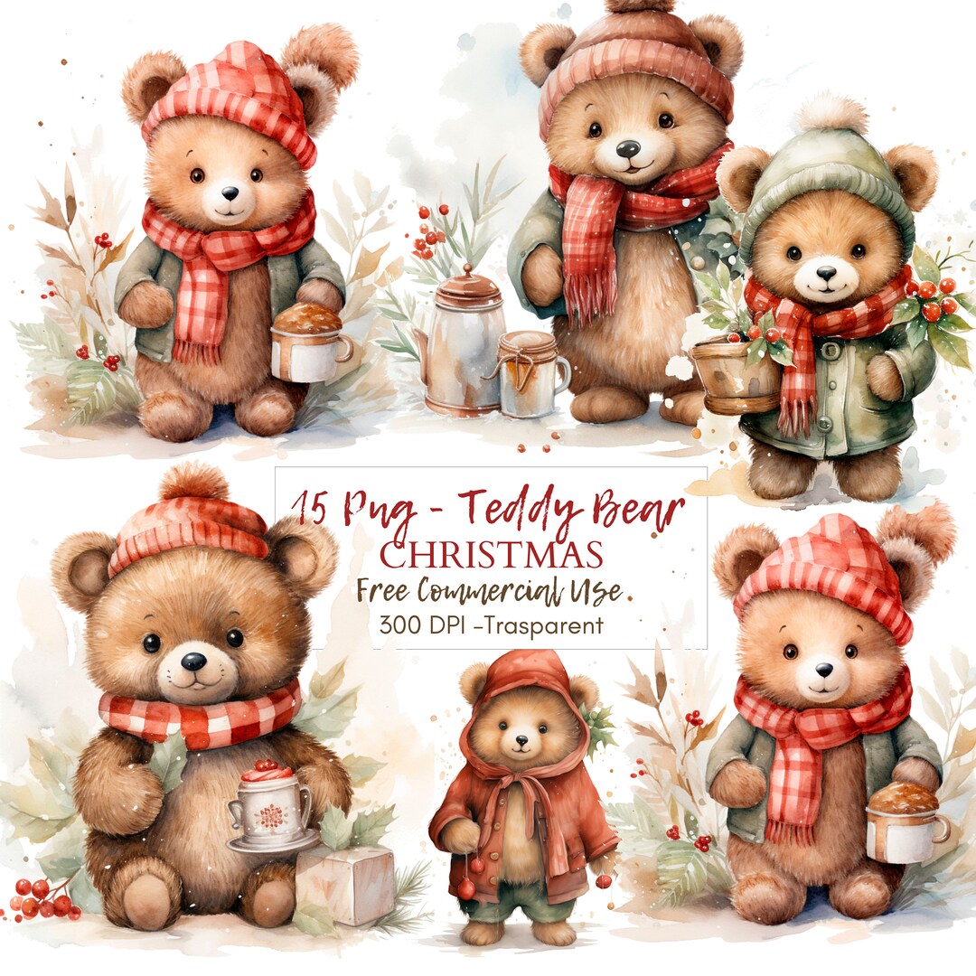 Christmas Teddy Bear, Watercolor Clipart PNG,15 High Quality Jpgs ...