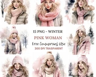 Winter Woman Clipart PNG, 15 High Quality JPGs,Bundle Watercolor ,Digital Download,Card Making, Commercial License,Digital Paper Craft|109