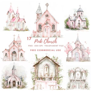 Pink Church Clipart PNG, Bundle 17 alta qualità, Preghiera rosa acquerello, Download digitale, Creazione di cartoline, Carta digitale, Adesivi stampabili/ 392