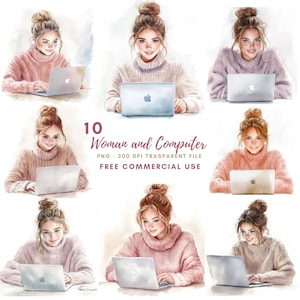 Donna Clipart PNG,Bundle 10 Alta Qualità,Donna Acquerello con Computer, Adesivo Stampabile Goodnotes, Download Digitale,Carta Digitale /642