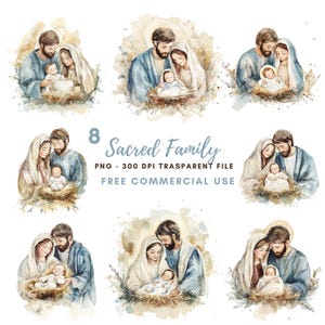 Bundle de 8 cliparts Nativité PNG haute qualité, aquarelle Nativité sacrée famille, Jésus-Christ, Marie et Joseph, autocollants imprimables Goodnotes | 727