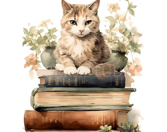 Könnte beinhalten: Eine Tabby-Katze sitzt auf einem Stapel antiker Bücher mit einer grünen Topfpflanze mit weißen Blüten dahinter.
