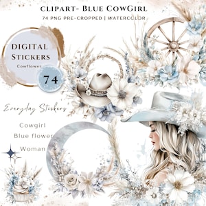 Aquarel cowgirl blauwe clipart, png, bundel 74 van hoge kwaliteit, vrouw blauwe western afdrukbare stickers Goodnotes| Digitale download| 734