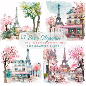 Parigi Cityscape Clipart PNG, Bundle 17 alta qualità, Città dell'acquerello Parigi, Adesivi stampabili, Download digitale, Creazione di cartoline, Supporti misti/ 284