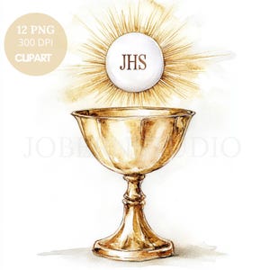 Première communion clipart PNG, lot de 12 haute qualité, aquarelle de Jésus, eucharistie et calice, autocollants imprimables Goodnotes, téléchargement numérique | 781