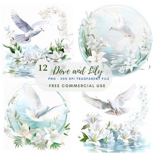 Dove and Lily Clipart Bundle 12 High Quality PNG,Watercolor Holy Spirit,Printable Sticker,Digital Download,Card Making,Mixed Media| 395