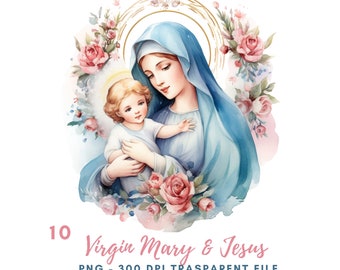 May include: Watercolour painting of the Virgin Mary holding baby Jesus. Mary is wearing a blue robe and a gold halo. Jesus is wearing a white robe. They are surrounded by pink roses and green leaves.