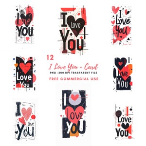 Je t'aime texte, lot de 12 cliparts PNG haute qualité, carte de texte amour, autocollants imprimables, téléchargement numérique, fabrication de cartes, créations manuelles en papier numérique | 340