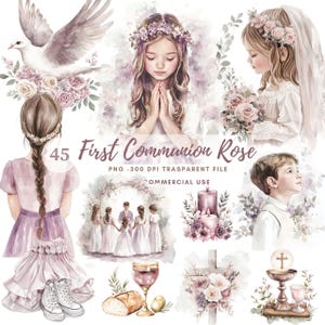Clipart di Rose Dusty per la Prima Comunione PNG/Pacchetto di acquerelli 45 / Bambina e bambino con rose che pregano/Download digitale/Adesivi stampabili Goodnotes/786
