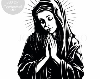 Puede incluir: Ilustración en blanco y negro de una mujer con una túnica con capucha y las manos juntas en oración. Tiene un halo de luz alrededor de la cabeza.