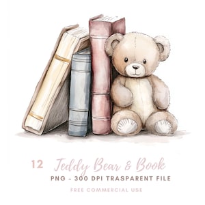 Teddy Bear and Book | Watercolor Nursery 12 Clipart PNG High Quality | Printable Stickers Goodnotes| Digital Download| 791