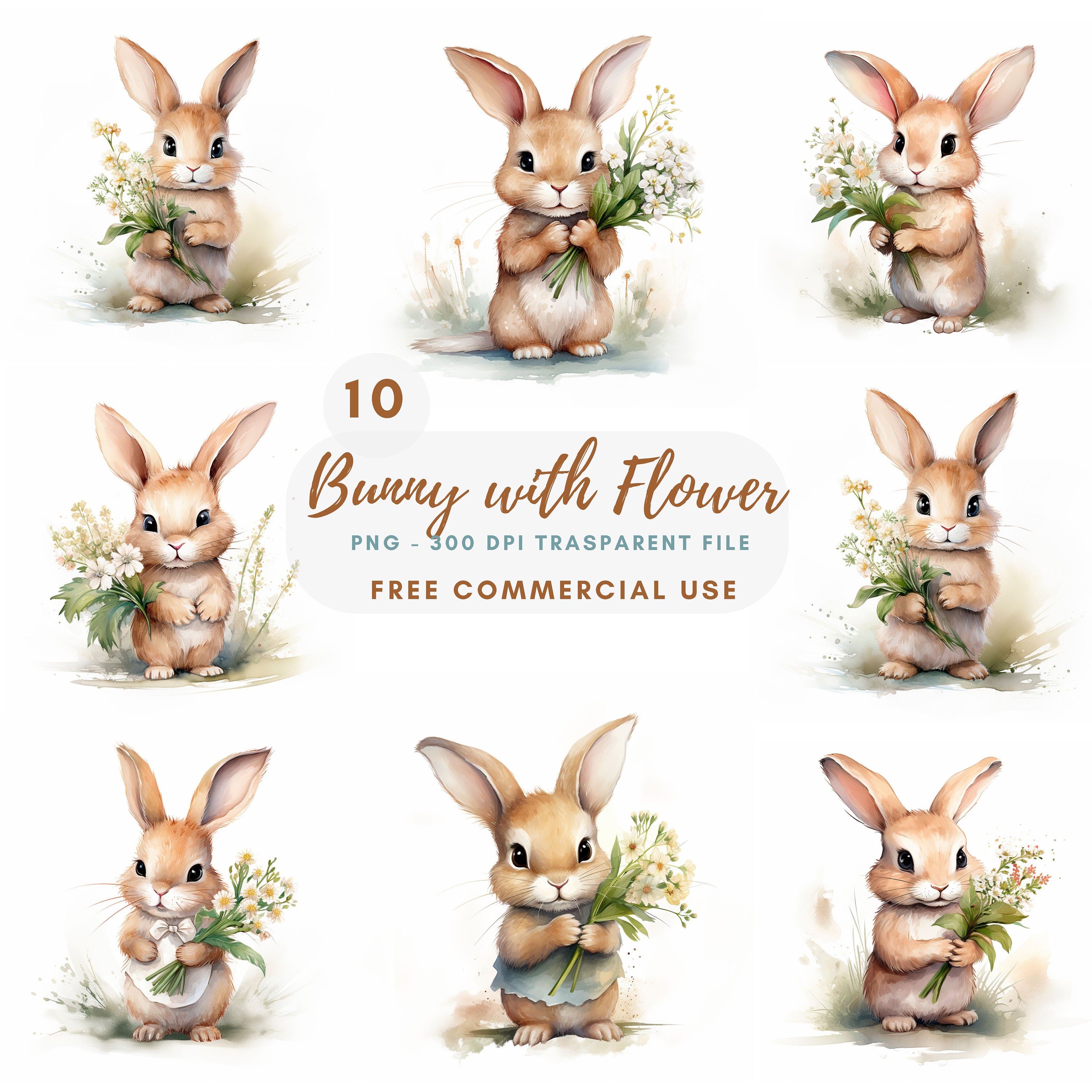 Bunny With Flower Clipart PNG Bundle 10 High Quality, Watercolor Rabbit ...