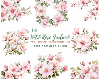 Puede incluir: Un conjunto de 14 ilustraciones de acuarela de rosas silvestres rosas con hojas verdes. Las ilustraciones son perfectas para crear diseños digitales o impresos, como invitaciones, tarjetas y páginas de álbum de recortes.  14 Wild Rose Garland PNG - 300 DPI Transparent File FREE COMMERCIAL USE