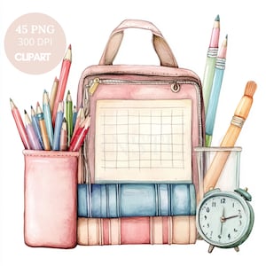 Ensemble de 45 cliparts d'éléments scolaires PNG de haute qualité, aquarelle fille et garçon vont à l'école | Téléchargement numérique, autocollants Goodnotes imprimables | 814