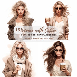 Frau Clipart PNG, Bundle 15 High Quality, Aquarell Frau mit Kaffee, digitaler Download, Kartenherstellung, digitales Papierhandwerk, druckbarer Aufkleber|213