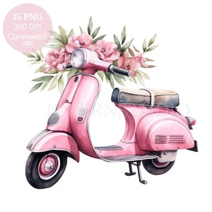 Pacchetto clipart Vespa rosa 15 PNG di alta qualità, acquerello moto Vespa, adesivo stampabile, download digitale, artigianato in carta digitale/ 431