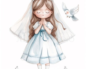 May include: A watercolor illustration of a young girl in a white dress and veil, with a flower crown on her head. She is praying with her hands clasped together. A white dove with blue accents is flying above her. The background is white.