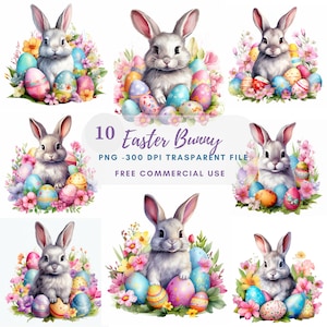 Easter Bunny Clipart PNG Bundle 10 High Quality JPG, Easter Watercolor ...