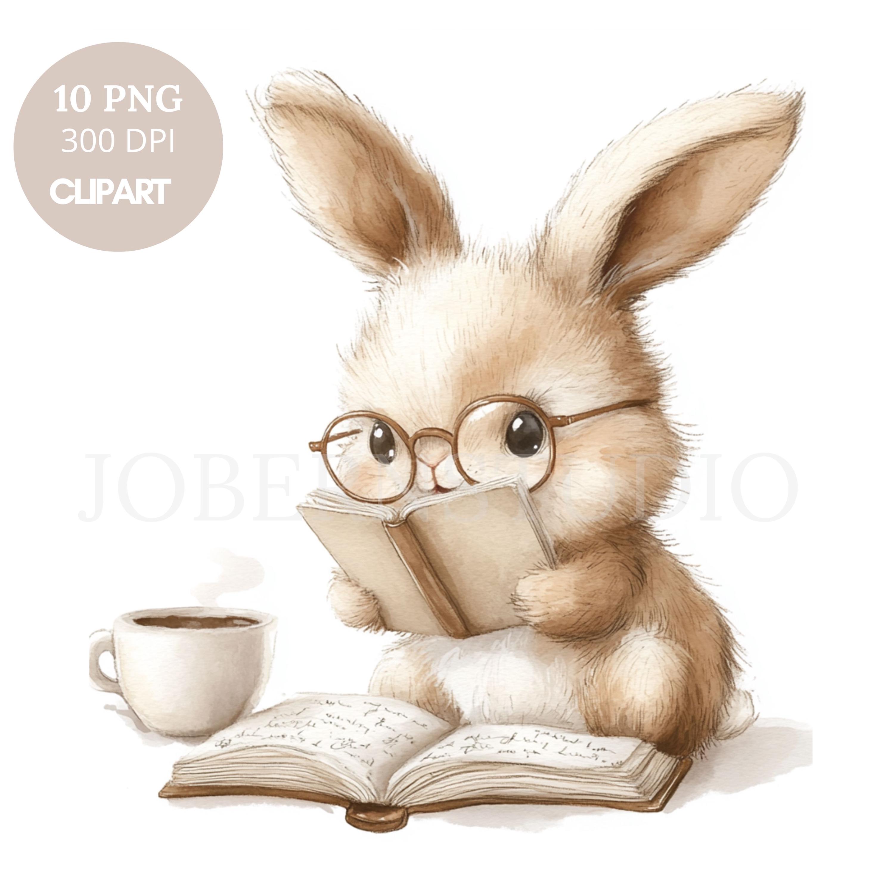 ウサギと本のイラスト PNG バンドル 10 高品質、水彩画のウサギの読書