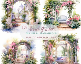 Jardin secret Clipart PNG, lot de 15 haute qualité, fleur de jardin paysager, téléchargement numérique, fabrication de cartes, techniques mixtes, créations numériques en papier | 354