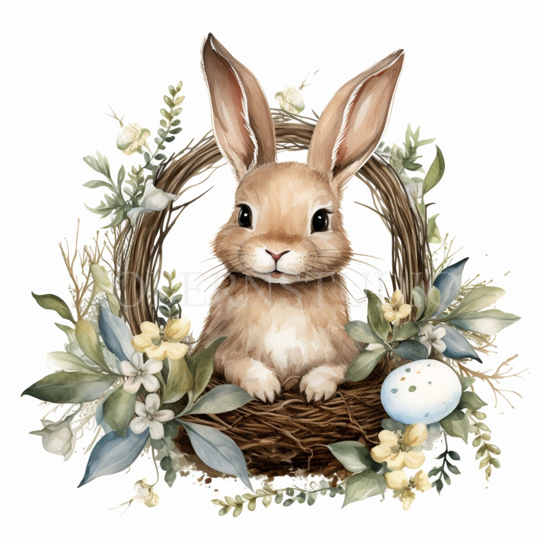 Rustic Easter Bunny Clipart Bundle, Watercolor Floral PNG JPG ...