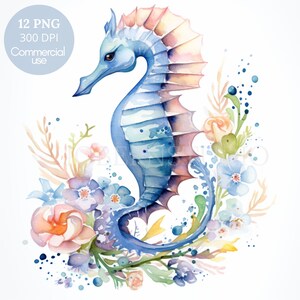 Caballito de mar Clipart PNG, paquete 12 de alta calidad, caballito de mar de acuarela, submarino, pegatinas imprimibles, descarga digital, fabricación de tarjetas, papel digital / 447