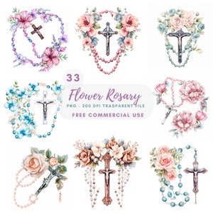 Pacchetto di clipart rosario fiore 33 PNG di alta qualità, acquerello croce, adesivo, download digitale, creazione di carte, supporti misti, artigianato in carta digitale/ 445