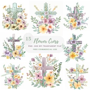 Flower Cross Clipart Bundle 15 PNG di alta qualità,Croce acquerello,Adesivo,Download digitale,Creazione di cartoline,Media misti,Creazione di carta digitale/ 276