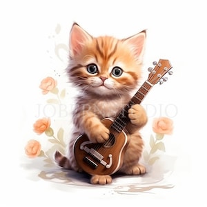 Crazy Cats Clipart PNG Bundel 15 Hoge kwaliteit JPG, Grappige katten spelen gitaar, Digitale download, Kaart maken, Mixed Media, Digitale papierkunst | 326