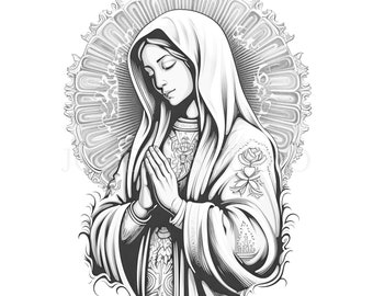 Puede incluir: Una ilustración en blanco y negro de la Virgen María rezando con las manos juntas. Lleva una túnica larga con un patrón floral y un velo. Está rodeada por un halo de luz.