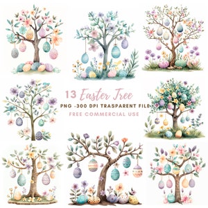 Paquete PNG de imágenes prediseñadas de árbol de Pascua 13 de alta calidad, huevo de Pascua de acuarela, descarga digital, fabricación de tarjetas, medios mixtos, artesanía de papel digital / 260