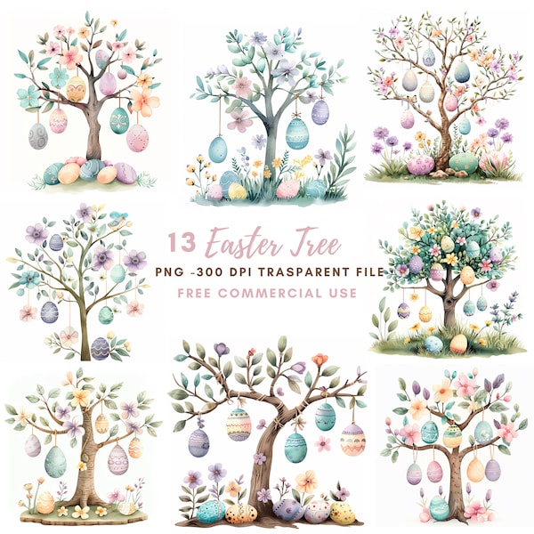 Easter Tree Clipart PNG Bundle 13 High Quality,Watercolor Easter Egg,Digital Download,Card Making,Mixed Media,Digital Paper Craft| 260