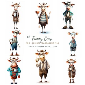 May include: A set of 13 digital illustrations of cartoon cows wearing glasses and various outfits. The cows are holding cups of coffee or tea. The text "13 Funny Cow" is written in the center of the image. The text "PNG - 300 DPI TRANSPARENT FILE" is written below the text "13 Funny Cow". The text "FREE COMMERCIAL USE" is written below the text "PNG - 300 DPI TRANSPARENT FILE".