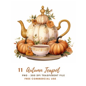 Autunno Autunno Zucca Teiera Clipart PNG Bundle 11 PNG di alta qualità, Zucche di tazza acquerello, Adesivi stampabili Goodnotes, Download digitale/581