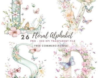 Floral Alphabet Letter Clipart Bundle 26 High Quality PNG, Watercolor Letter Butterflies,Printable Stickers Goodnotes, Digital Download| 632