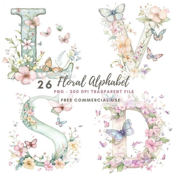 Floral Alphabet Letter Clipart Bundle 26 High Quality PNG, Watercolor Letter Butterflies,Printable Stickers Goodnotes, Digital Download| 632