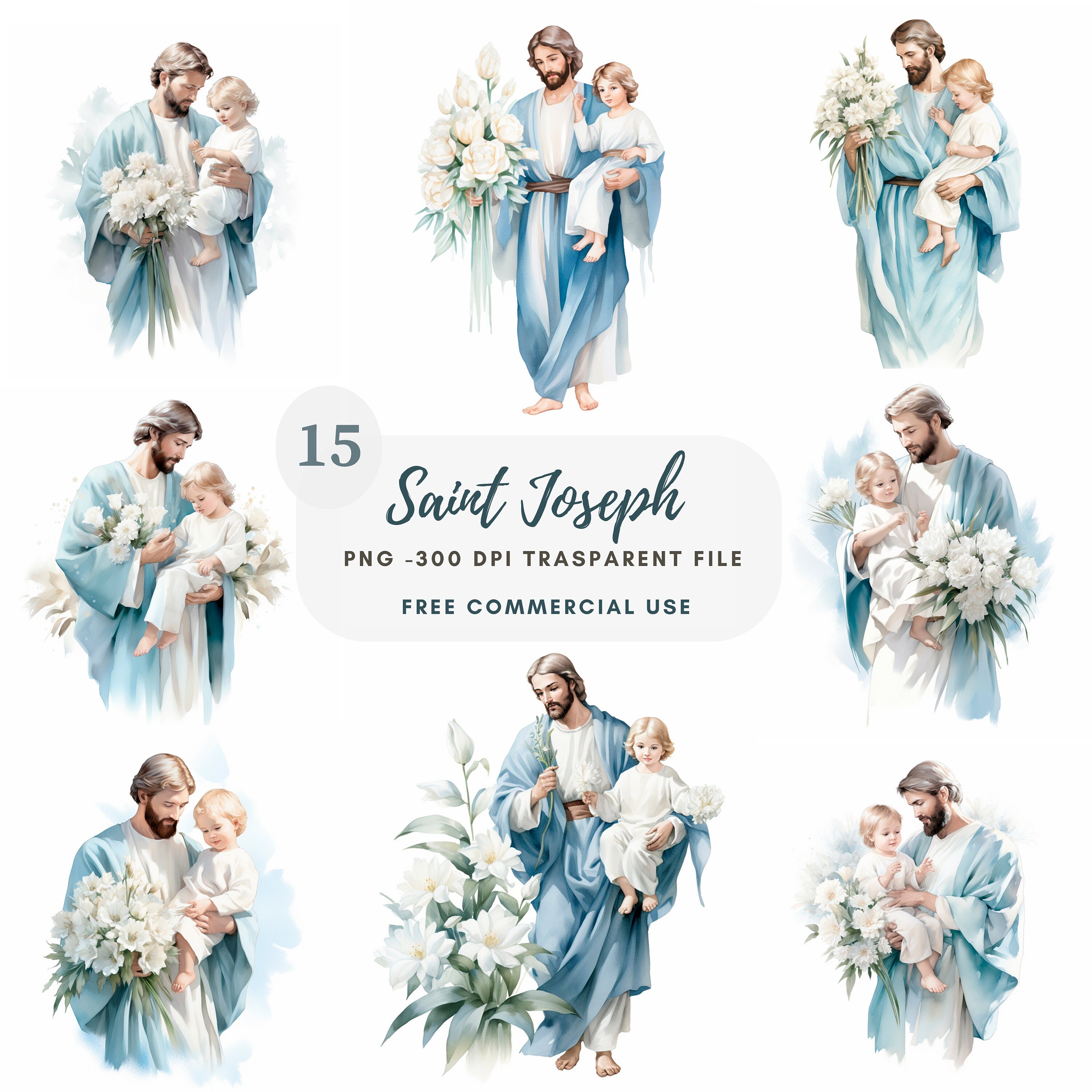 Saint Joseph Clipart Bundle 15 High Quality PNG, Saint Joseph with Jesus,Digital Download,Card Making,Mixed Media,Digital Paper Craft| 312