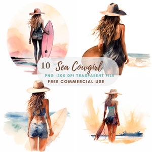 Sea Cowgirl Clipart PNG, bundle 10 alta qualità, donna surfista, adesivi stampabili, download digitale, creazione di carte, artigianato in carta digitale/ 283