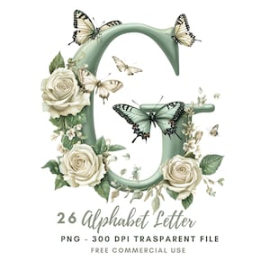 Paquete de 26 imágenes prediseñadas de letras del alfabeto floral PNG de alta calidad, mariposas con letras de acuarela, pegatinas imprimibles Goodnotes, descarga digital/ 675