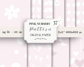 Pink Cute Baby Digital Paper Pack- 37 Nursery Scrapbook Junk Journal Papers -Seamless Patterns -Digital Background-Watercolor Paper Set |711