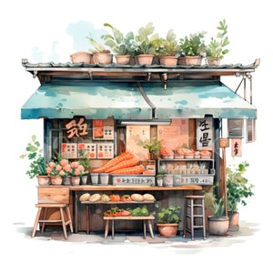 May include: A watercolor painting of a small, open-air market stall with a green awning. The stall is filled with fresh produce, including carrots, and has a sign that reads "生  " in Chinese characters. There are potted plants on the roof of the stall and on the ground.
